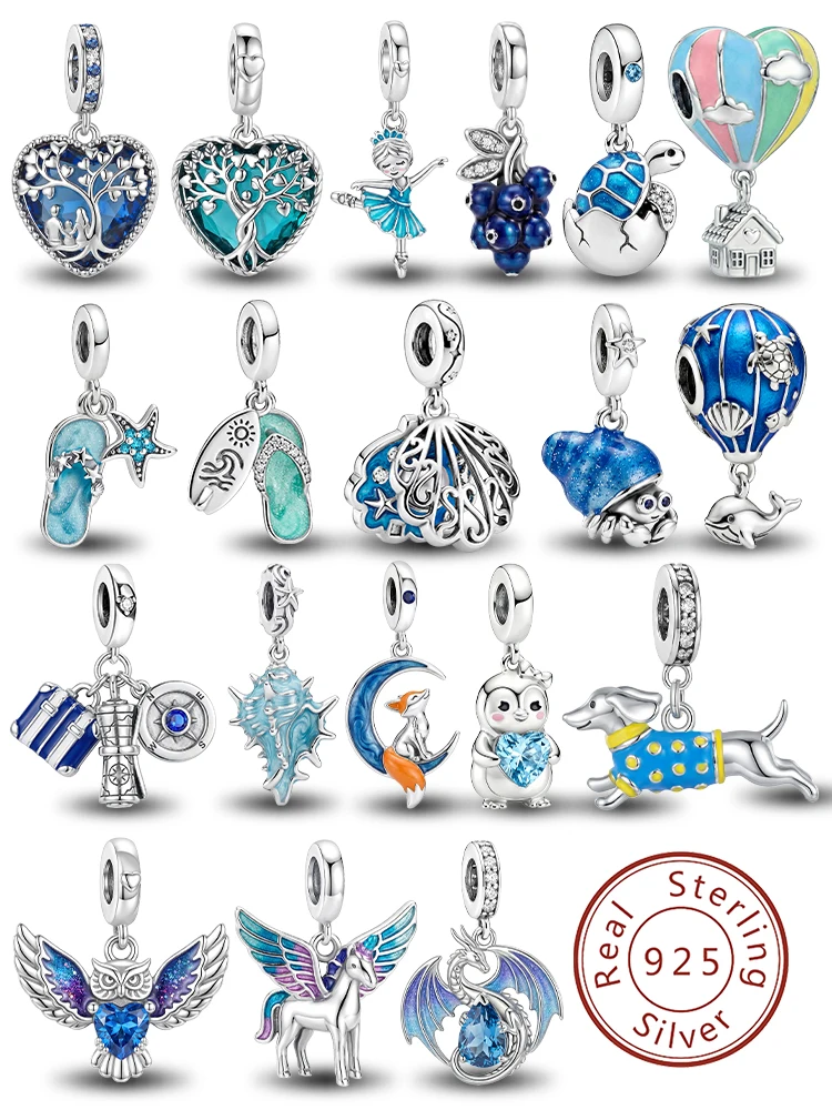 925 Sterling Silver Conch Penguin Hot Air Balloon Blue Series Charm Pendant for Bracelets DIY Women's High Quality Fine Jewelry