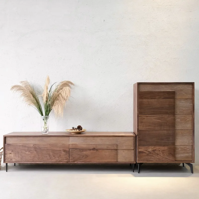 North American black walnut log TV cabinet weathered wood with drawers, cabinet solid wood cabinet