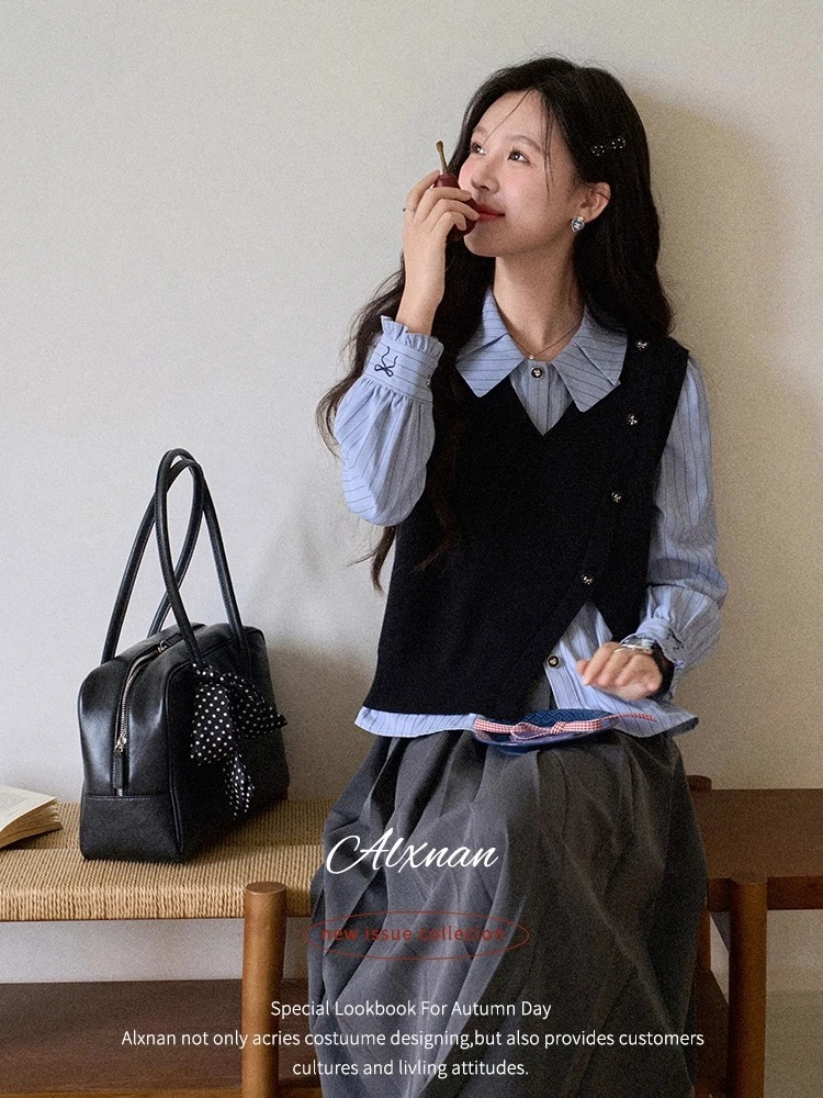 ALXNAN Plus Size Women's Black Vest V-Neck Irregular Hem Asymmetric Button Front Autumn New Versatile Short Waistcoat D12526