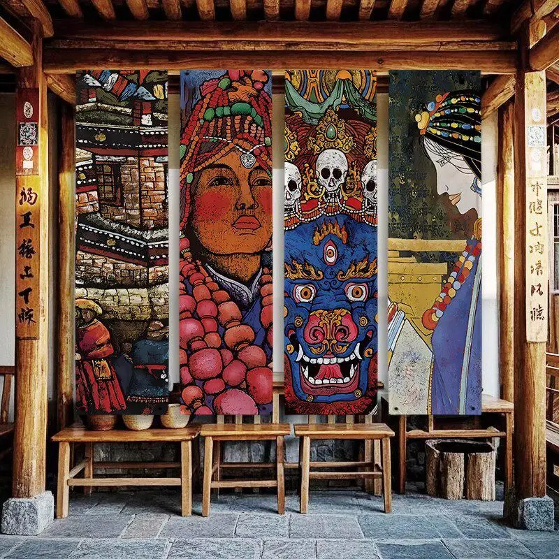 VIKAMA Vertical Tibetan Ethnic Tapestry Wall Hanging Boho Folk Portrait Mask Art Oriental Tribal Print Tea House Wall Decor