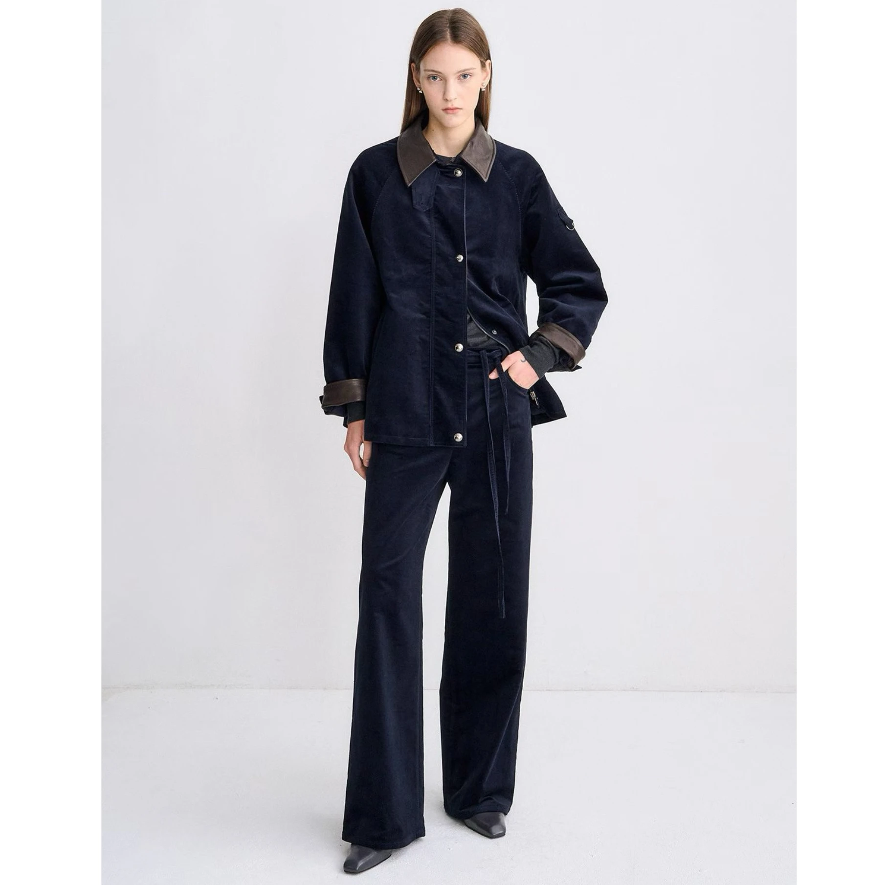 

Lemon Cheese TIM25 Autumn Leather Collar Patchwork Corduroy Loose Versatile Cotton Jaet Women's Commute Sle Long Sve