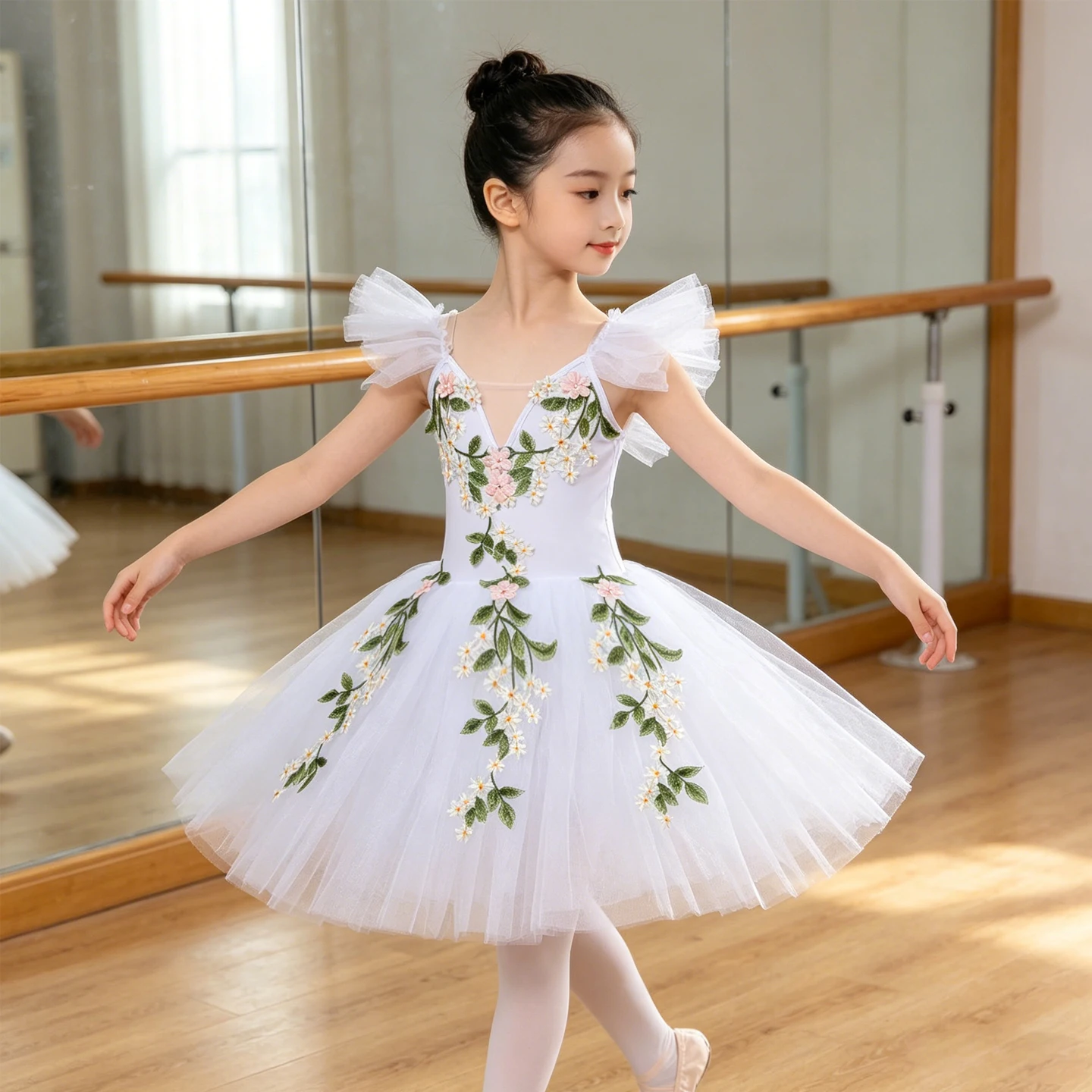 dance-performance-costumes-for-children's-girls'-birthday-party-elastic-fabric-children's-short-ballet-dress-pink-flower