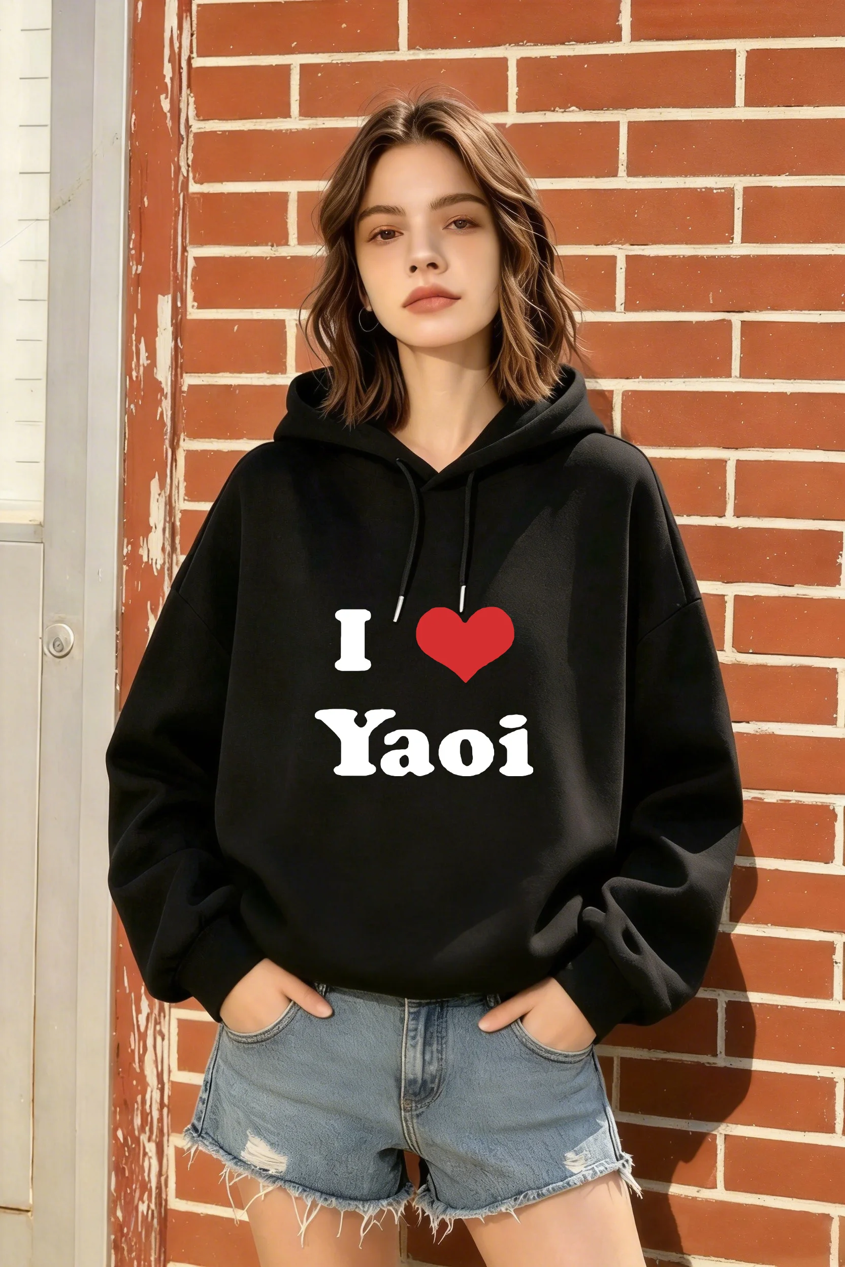 

Fashion Women's Loose-Fit Black Hoodie with "I Love Yaoi" Letter Design