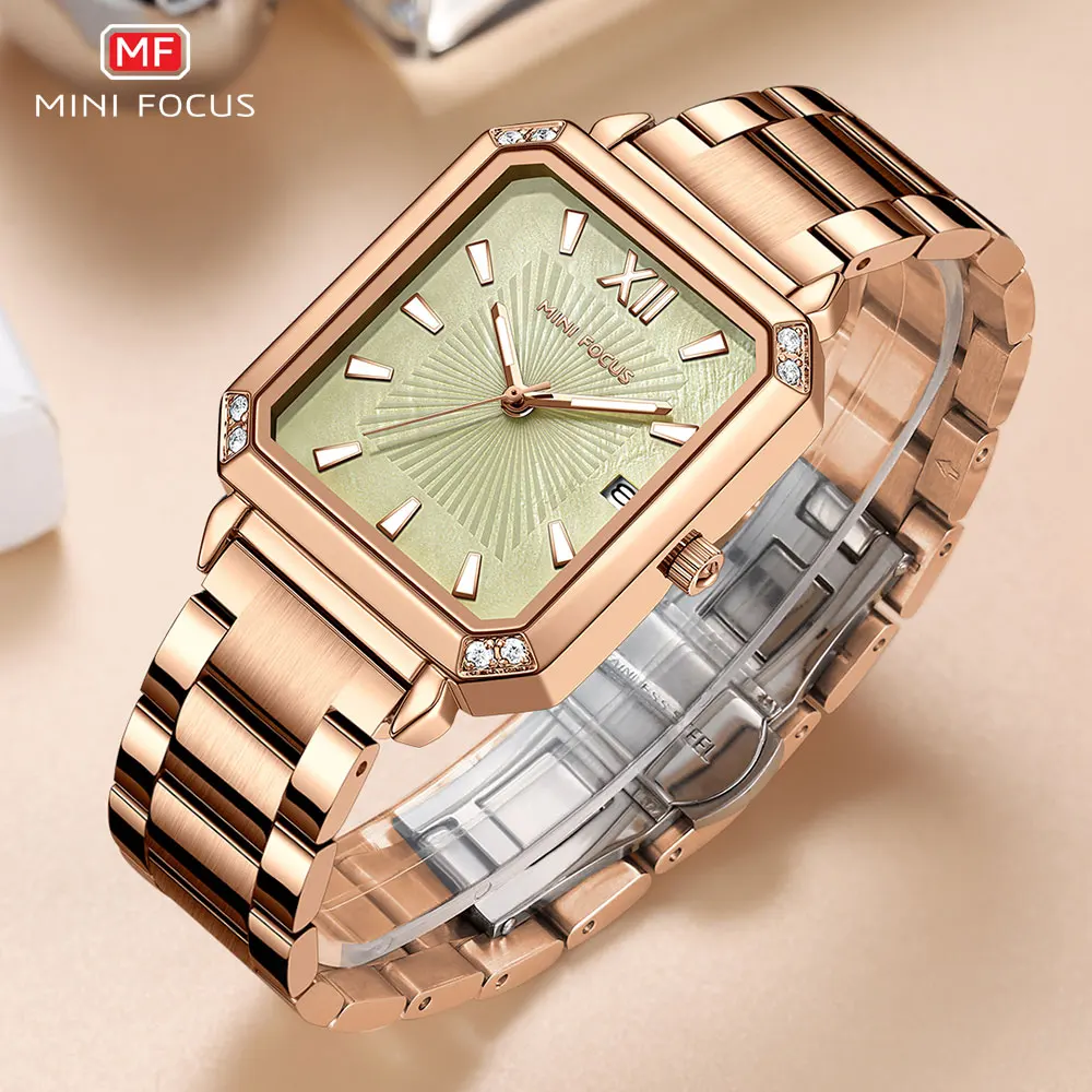 MINI FOCUS Square Dial Quartz Watch Mulheres Moda Analógico Relógio de pulso com mãos luminosas Data Rose Gold Stainless Steel Band 0472