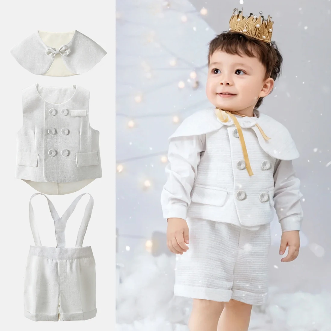 

White Birthday Party Outfit Set for Little Boys 1 Year Old Children's Clothing Ensemble for Celebrations Vest Clothes Set