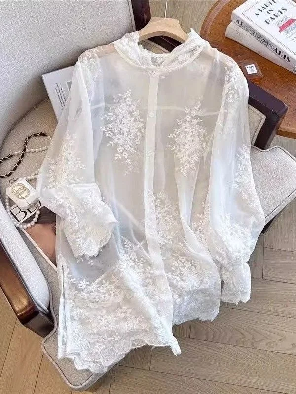 White Lace Embroidered Hooded Sun Protection Shirt Women's Summer plus Size Loose Fit Long Sleeve Thin Outerwear Cover up