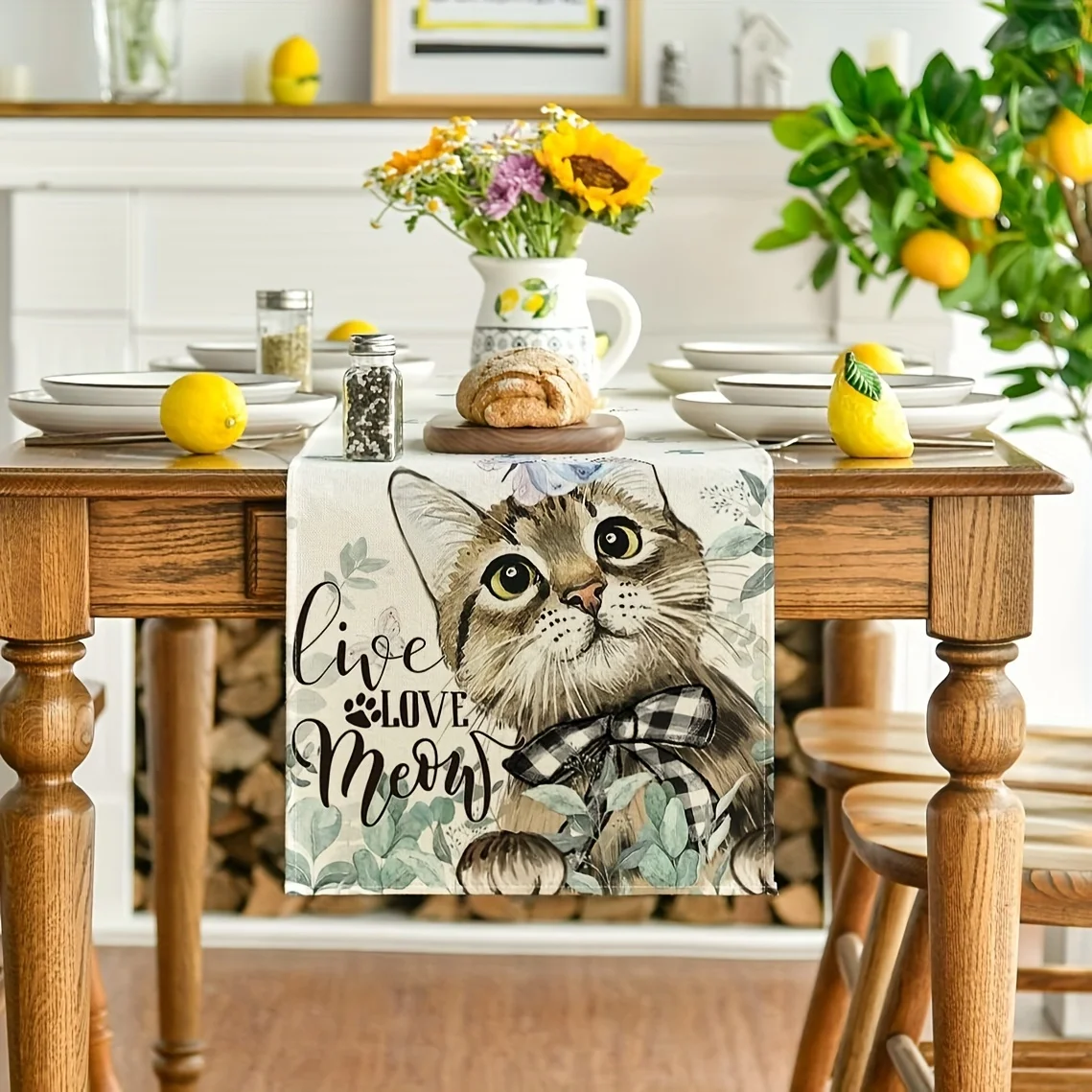 Eucalyptus Cat Butterfly Pattern Summer Linen Table Runners Spring Farmhouse Wedding Home Party Decor Kitchen Dining Table Decor