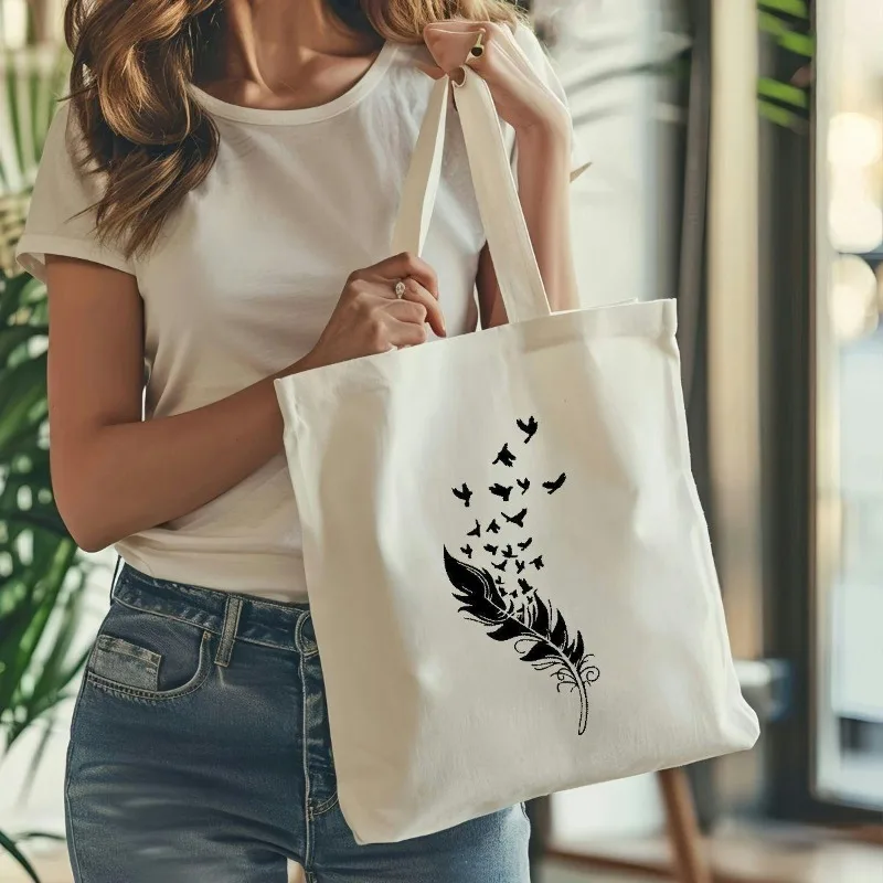 Black Feather Flying Birds Silhouette Canvas Single Shoulder Bag Women Casual Handbag Large Capacity Ladies Daily Book Shopping
