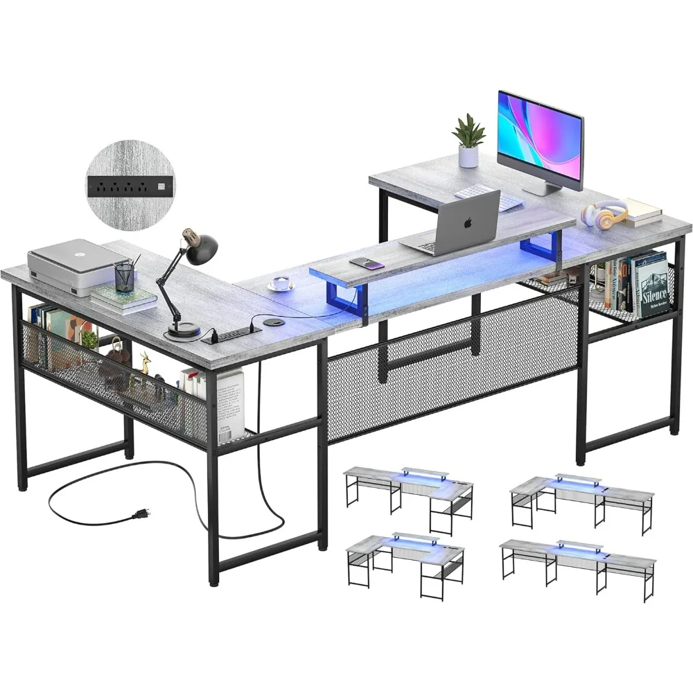 

U Shaped Computer Desk with Power Outlet and LED Strip, Reversible L Shaped Office Desk with Monitor Stand and Bookshelf, Moder