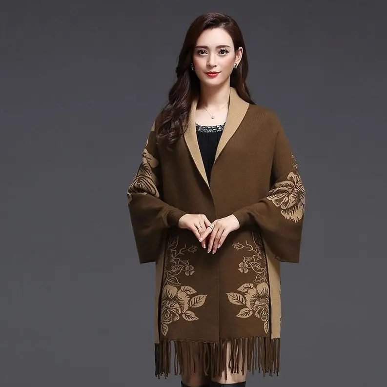 New cashmere tassel poncho shawl dual-purpose scarf women knitted sweater top retro cheongsam cloak cape coat outside clothing