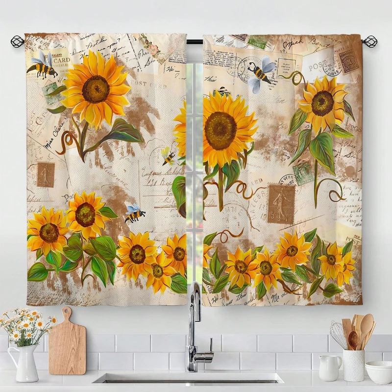 2 PCS Rustic Sunflower Kitchen Curtains Hot Sale Vintage Floral Butterfly Pattern Cafe Curtain Layer Home Decor Blackout Fabric