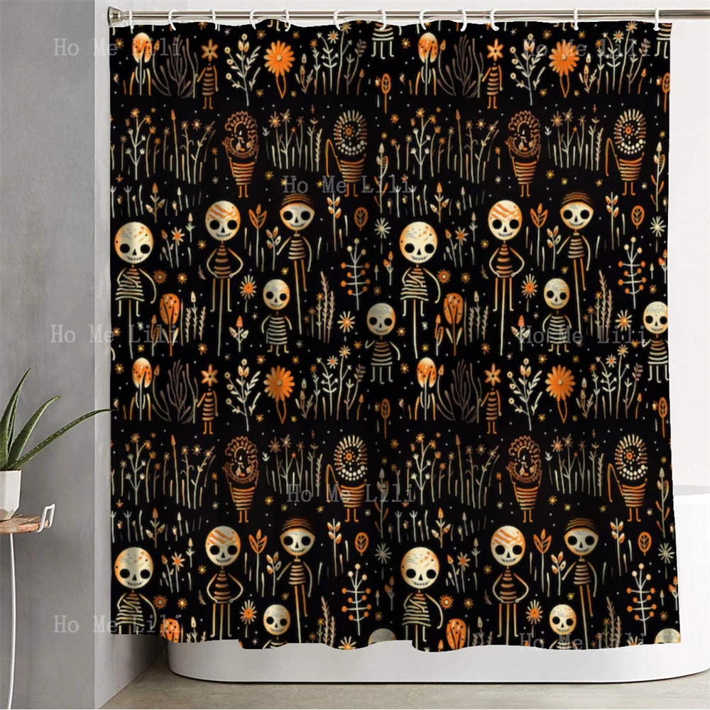 Happy Halloween Cute Skeletons Naive Art Doodle Icons Pumpkins Ghost Seamless Pattern Design Fabric Shower Curtain Home Decor