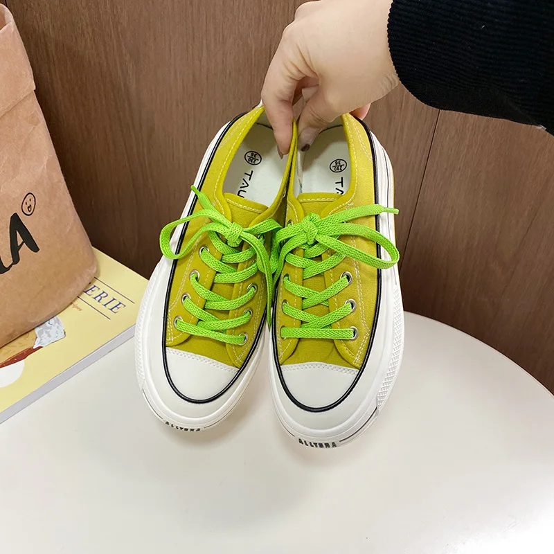 35-40 New Girls Students Thick Sole Canvas Shoes Low Top Women Green Sneakers Female Casual Shoes Soft Insole All Match