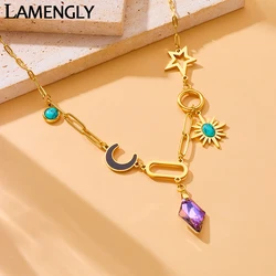 LAMENGLY 316l Stainless Steel Multi Element Splicing Amethyst Moon Stars Turquoise Elements Necklace Creative Clavicle Chain