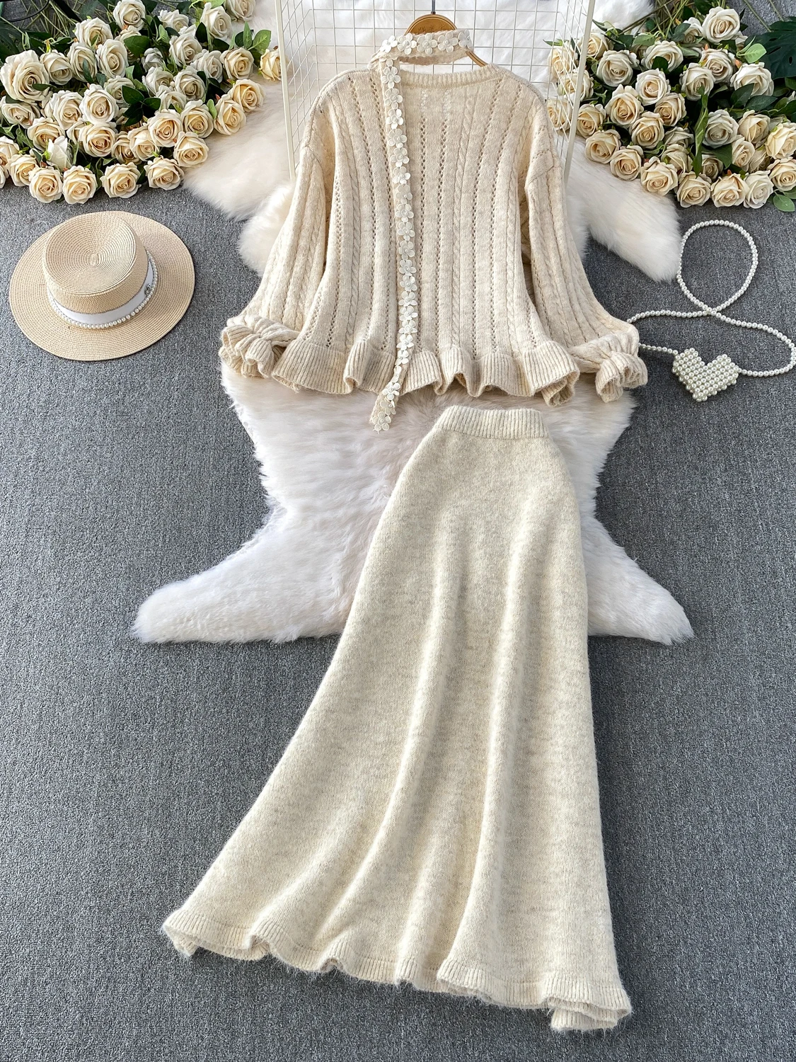 مجموعة من قطعتين من سترة الخصر المكشكشة والمحبوكة من Ele ثقيلة الوزن مع تنورة مكونة من قطعتين للنساء #4