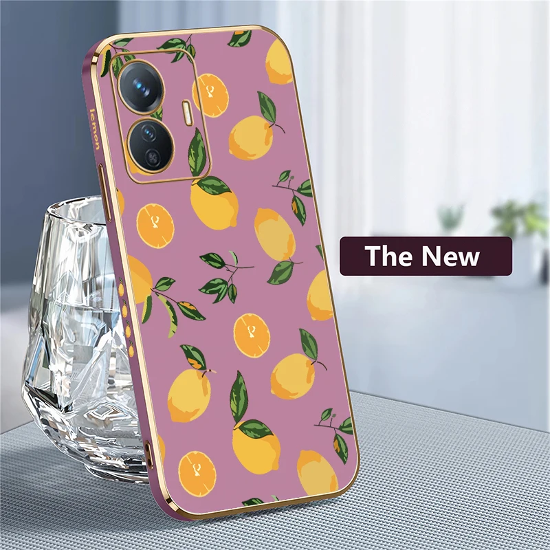 Phone Case For Vivo V40 V25 V27 Pro V30E V21 V25E V23E V21E V29 V29E V27E Luxury Plating Soft Silicone Lemon Cherry Print Cover