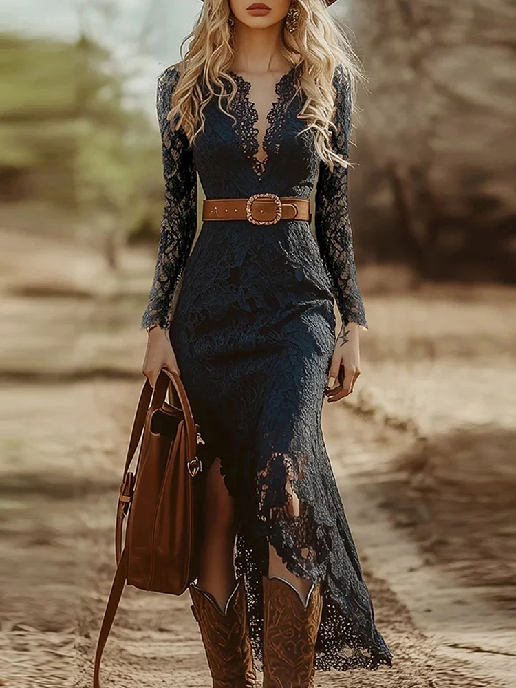 Vintage Boho Women Midi Dress Dark Blue Long Sleeve Lace V Neck Hollow Out Slim Autumn Dress Chic Irregular Western Long Dresses