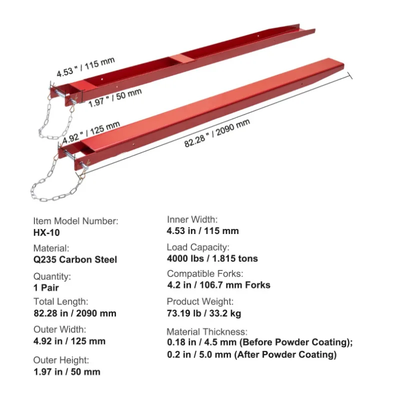 Pallet Fork Extension Heavy Carbon Steel Fork Extension for Forklifts Red Extended Fork Set Latch