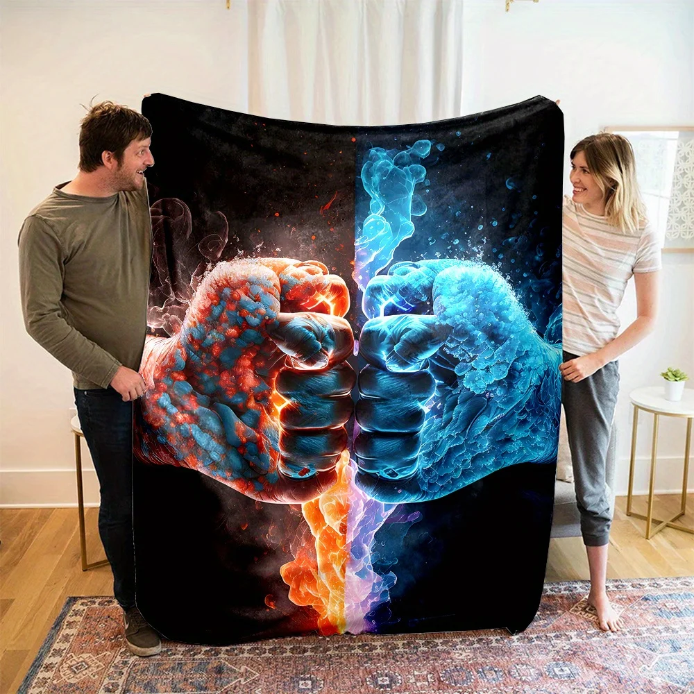 

Cozy All-Season Flannel Throw Blanket with Ice & Fire Fist Bump Design - Soft, Warm, and Reversible for Couch, Bed, Camping
