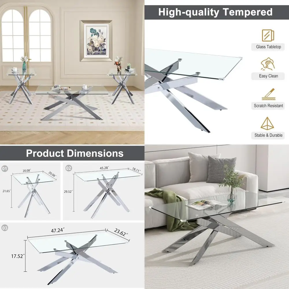 

Geometric Gold Accented Glass Coffee and End Table Set, 3-Piece Tempered Glass Furniture with Silver Frame