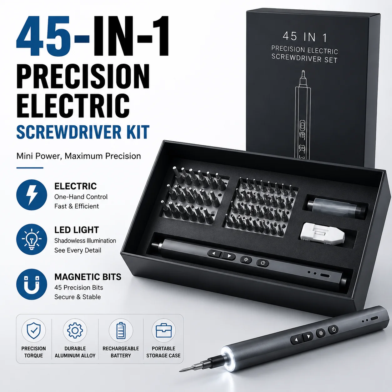 Mini Electric Precision Screwdriver Kit 45-in-1 Magnetic Bits LED Light Repair Tool Set for iPhone Laptop Camera Watch DIY