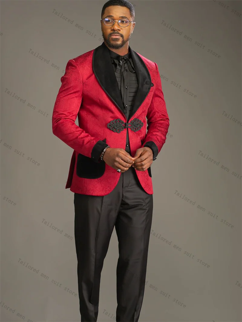 

Red Men Suits Set 2 Pieces Blazer+Black Pants Trousers Knot Buckle Wedding Tuxedos Jacket Formal Office Cotton Male Coat
