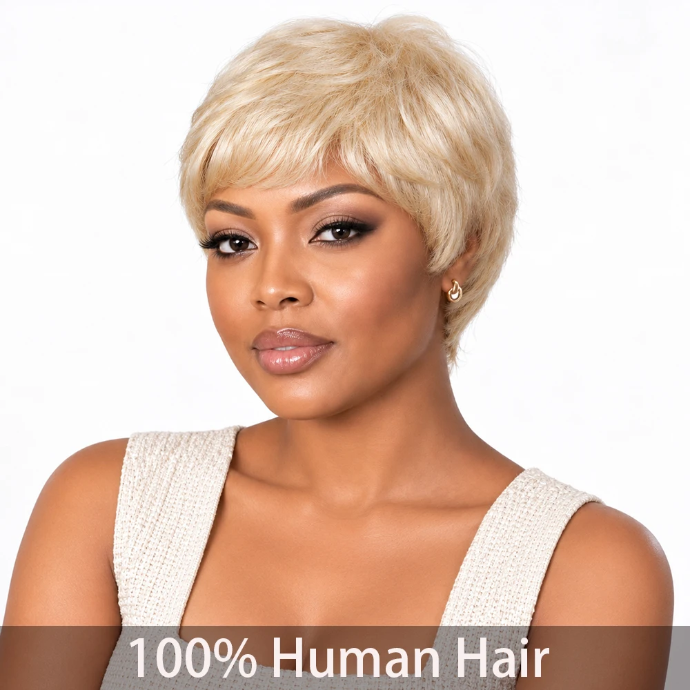 Short Blonde Straight Hair Wig Human Hair Brazilian Remy Hair Wigs for Women 4-Inch 180% Density Full  Machine Made Wig 27# for All Women