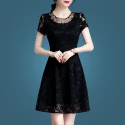 Mini vestido ahuecado de encaje Sexy para mujer, ropa elegante con cuello redondo, manga corta, Vintage, Color sólido, moda de verano