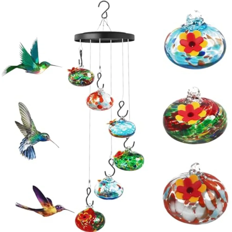 

Charming Wind Chimes Hummingbird Feeder for Outdoors Hanging Ant and Bee Proof Never Leak Unique Hand Blown Glass Humming Bird