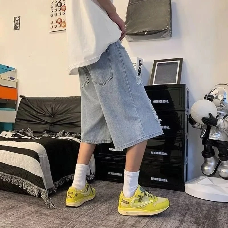 Ripped Plaid Pattern Men's Denim Shorts Summer High Street Fashion Hong Kong Style Leisure Wear
