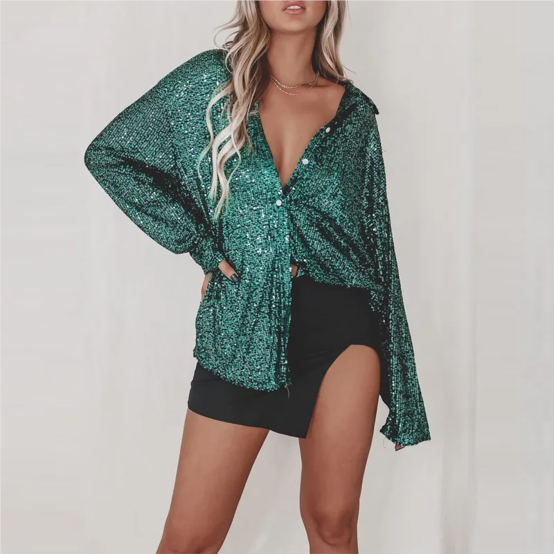 

Women Sequin Lapel Women's Shirt Casual Glitter Loose Long Sleeve 2025 Retro Sexy See-through Women's Black Shirt Streetwear