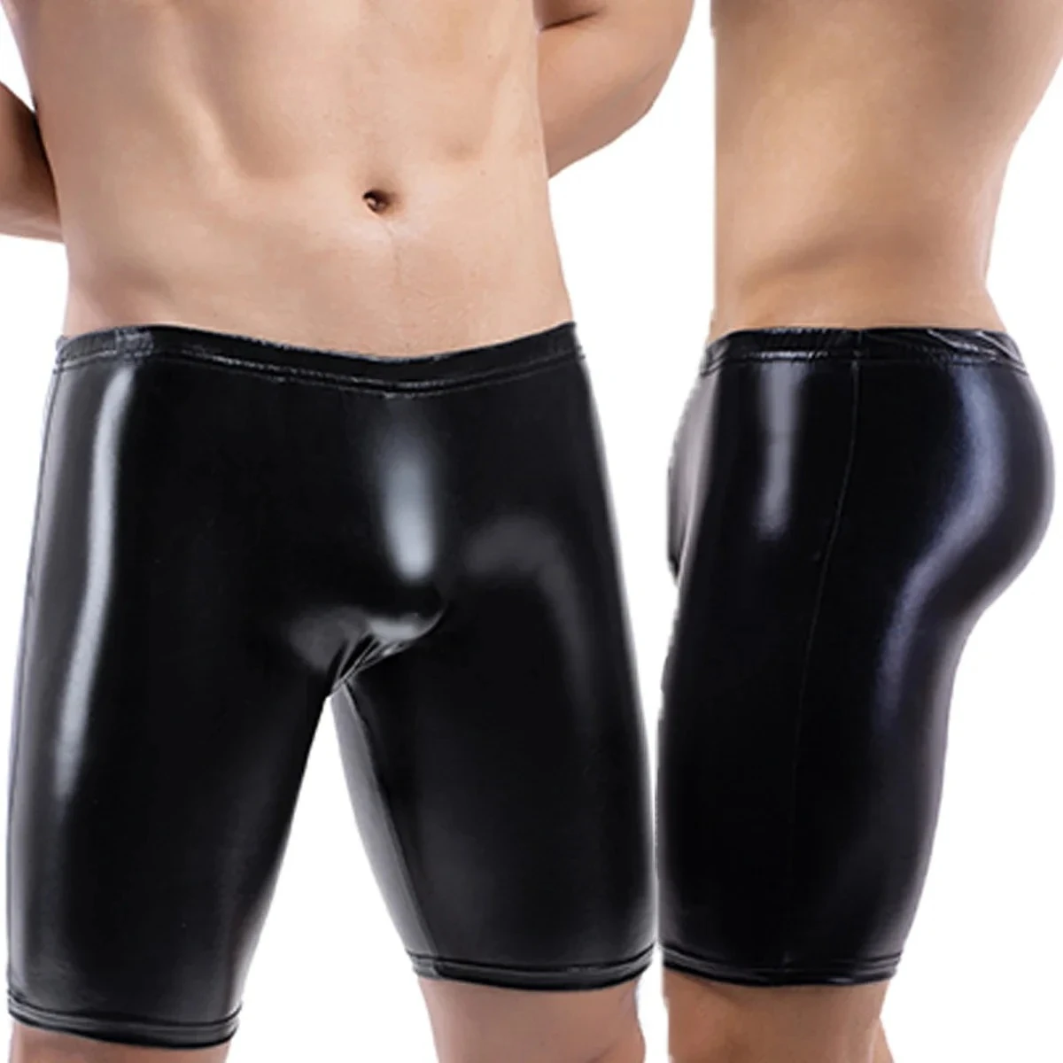 YUFEIDA Sexy Mens PU Leather Tight Shorts Slim Fit Tight Boxers Shorts Party Clubwear Costumes Black Lingerie Leather Short Pant