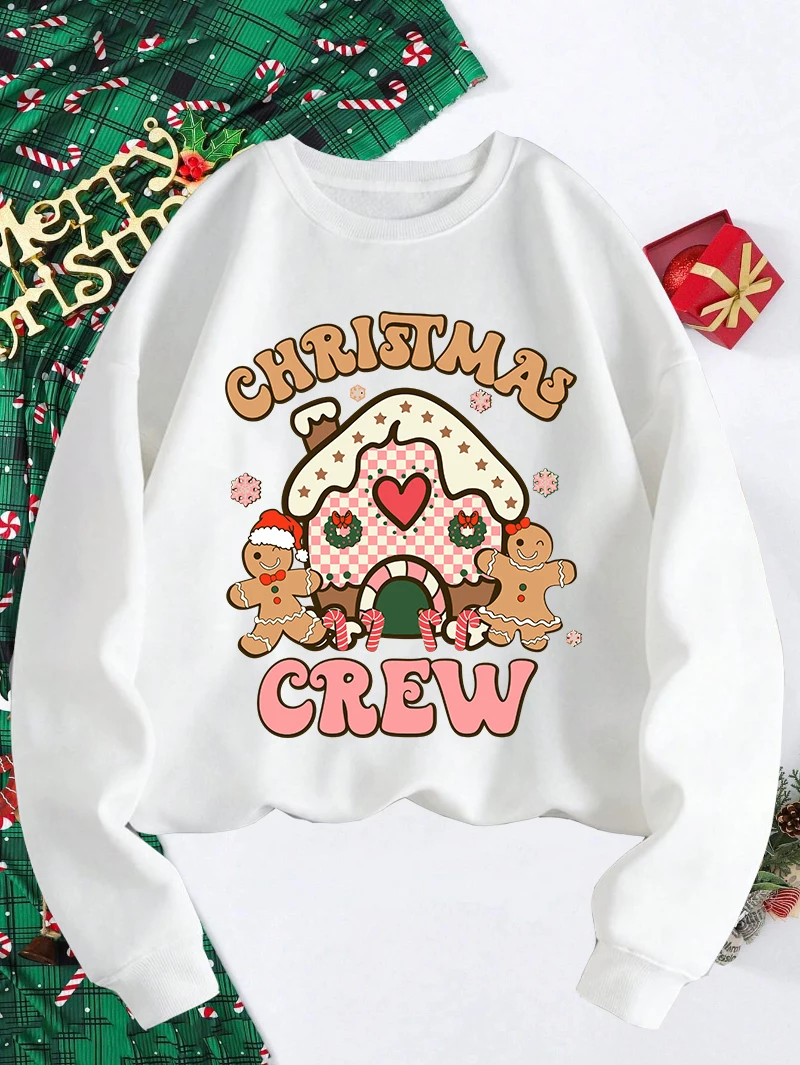 Christmas Crew Sweatshirt Women Cookie Prints Black Hoodie Loose Fleece Warm Crewneck Pullover Winter Casual Tops Woman Clothes