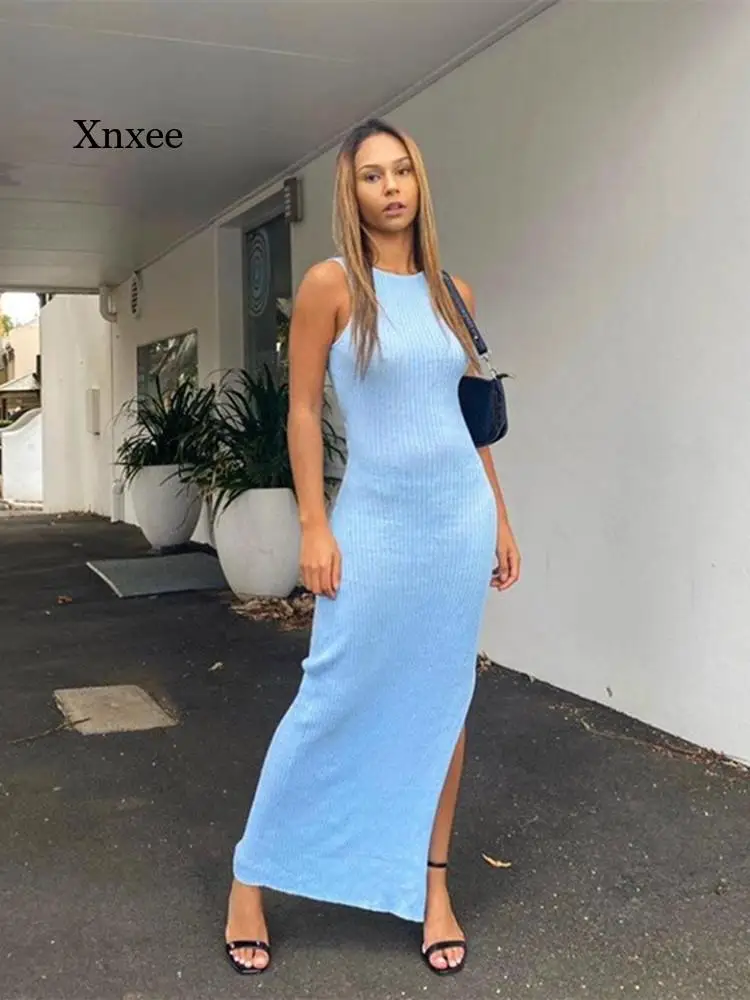 Xanh Dương Áo Ngủ Sexy Khoét Hở Khe Đầm Maxi Nữ Thời Trang Dạo Phố Bộ Trang Phục Sundress Bãi Biển Kỳ Nghỉ Hè 2022