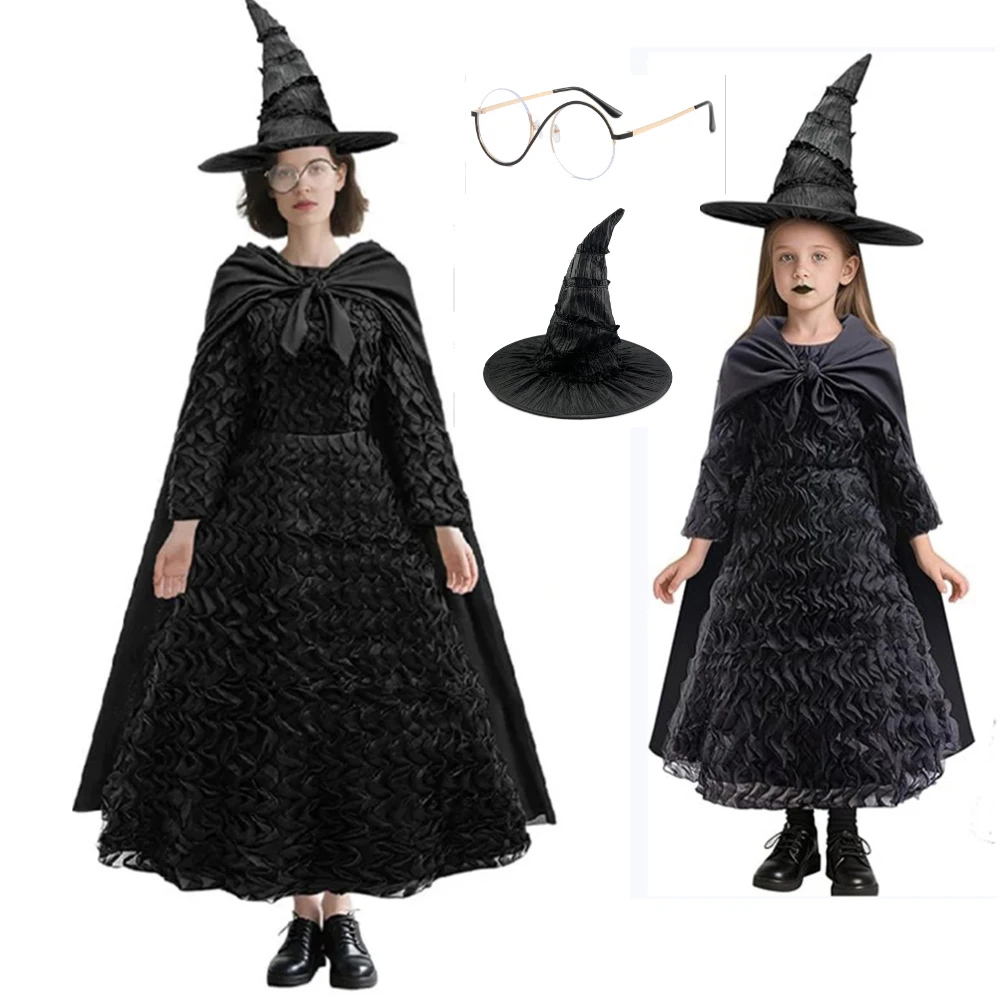 

Halloween Cosplay Costume Mother Kids Wicked Witch Black Princess Dress With Hat Glasses Sets For Children Birthday Party Dress