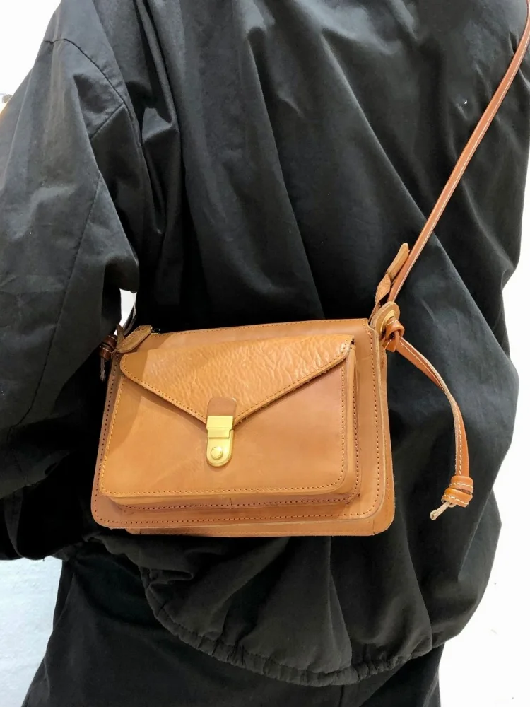 Natural Leather Flap Small Crossbody Bag for Women Retro Distressed Handcrafted Cowhide Single Shoulder Bag Ladies Phone Purses