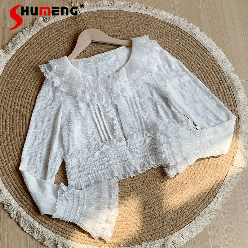 

Women's Shirt Japanese Ruffled Collar Lace Bow Three-color Cardigan Lolita Thin Solid Color Flared Sleeves Blouse Y2k Clothes
