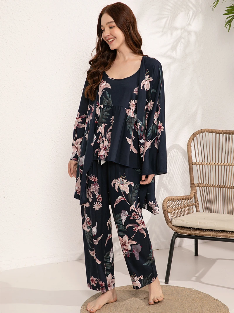 Women\'s Pajams Set 3 Pieces 100% Viscose Home Pijima Loose Set Sleepwear Printed Plus Size S-3XL Loose Comfortable Female Pijima