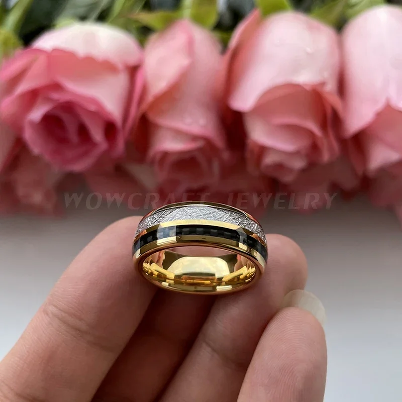 8mm Wedding Bands Tungsten Carbide Rings Gold for Men Women Black Carbon Fiber Meteorite Inlay Domed Polished Shiny Comfort Fit