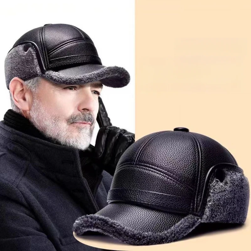 Men's Winter Baseball Cap PU Material Foldable Ear Protection Fleece Lined Adjustable Size 58cm Warm Earflap Hat