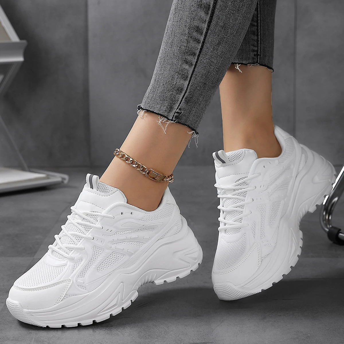 Womens Fashionable Chunky Mesh Sneakers - Breathable & Comfortable Elevator Design - Solid Color Trainers for Everyday Walking