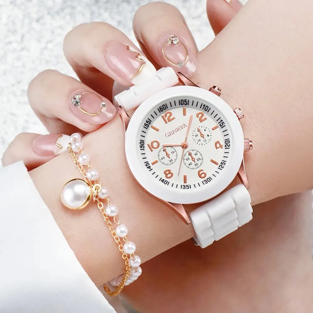 Women Watches Set 2PCS Fashion White Silicone Jelly Quartz Watch Ladies Dress Wristwatch Gifts for Girls Relogio Reloj Mujer