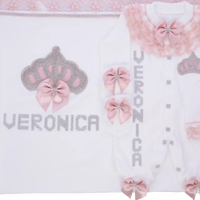 5pcs Princess Coming Home Baby Romper Set Personalized Name Handmade Precious Nursery Hospital Receiving Blanket Romper Set