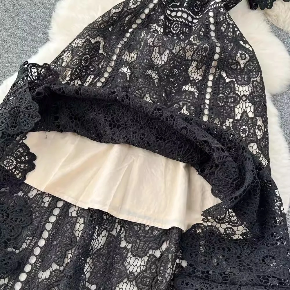 JAMERARY Runway Summer Elegant Lace Dress Women Short Sleeve Flower Embroidery Long Dresses Lady Hollow Evening Party Vestidos