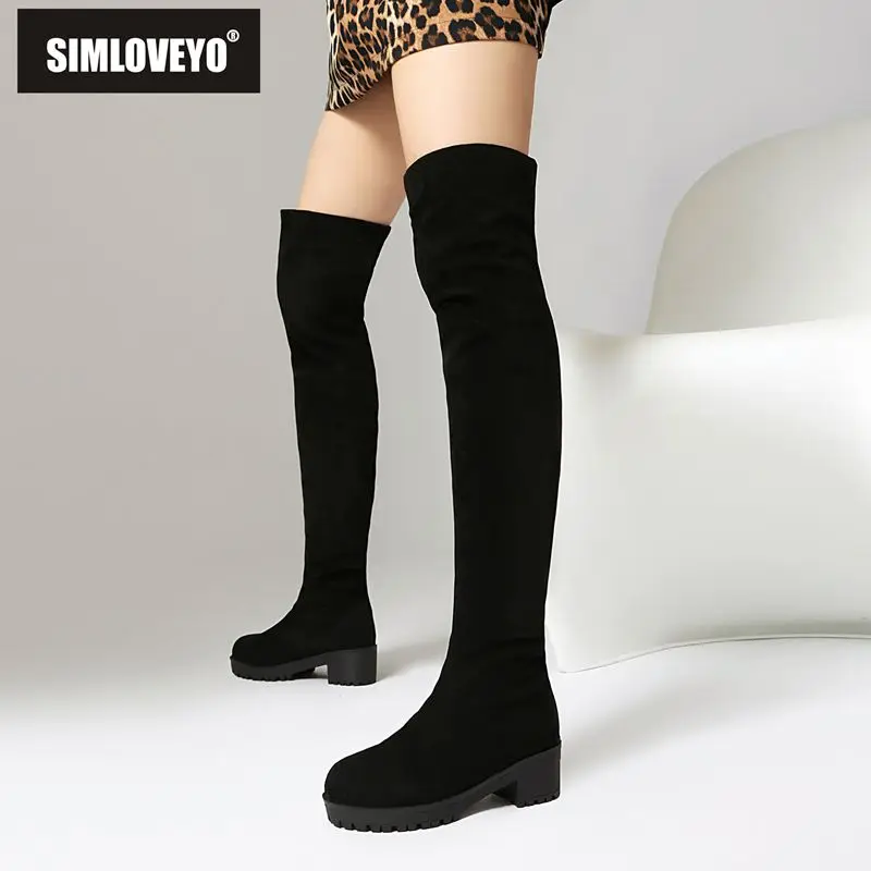 

SIMLOVEYO2025 New Women Over Knee High Boots Round Toe Flock Suede Chunky Heels 4.5cm Big Sizes 43 44 45 46 Fashion Thigh Boots