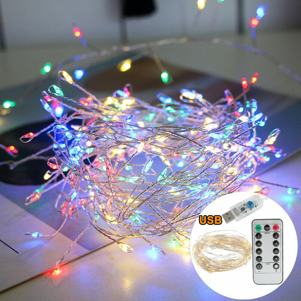 1PC 3M100LED/6M200LED Copper Wire Lights USB Remote Firecracker String Lights for Christmas Window Wedding Party Garden Decor