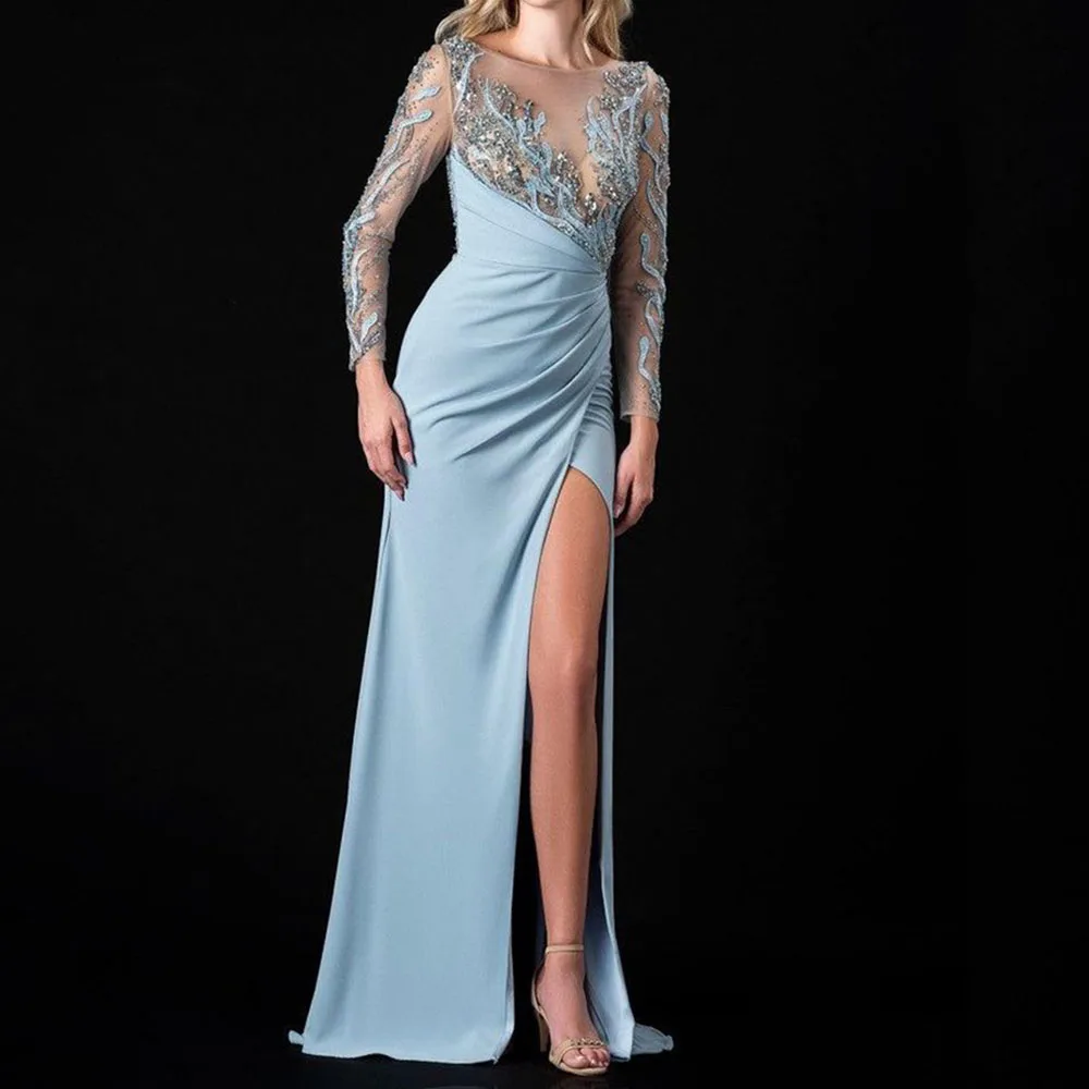 

Classy Blue Women Prom Dresses Full Sleeves Floor Length High Side Split Appliques Elegant Formal Women Prom Banquet Gowns