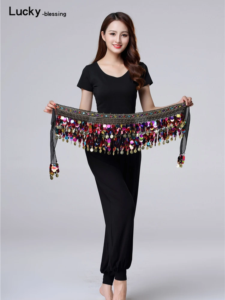 

Пояс с блестками для танца живота для женщин, набедренный шарф с висячими блестками, золотые медные монеты, аксессуары для костюма, украшение для танцевальной юбки