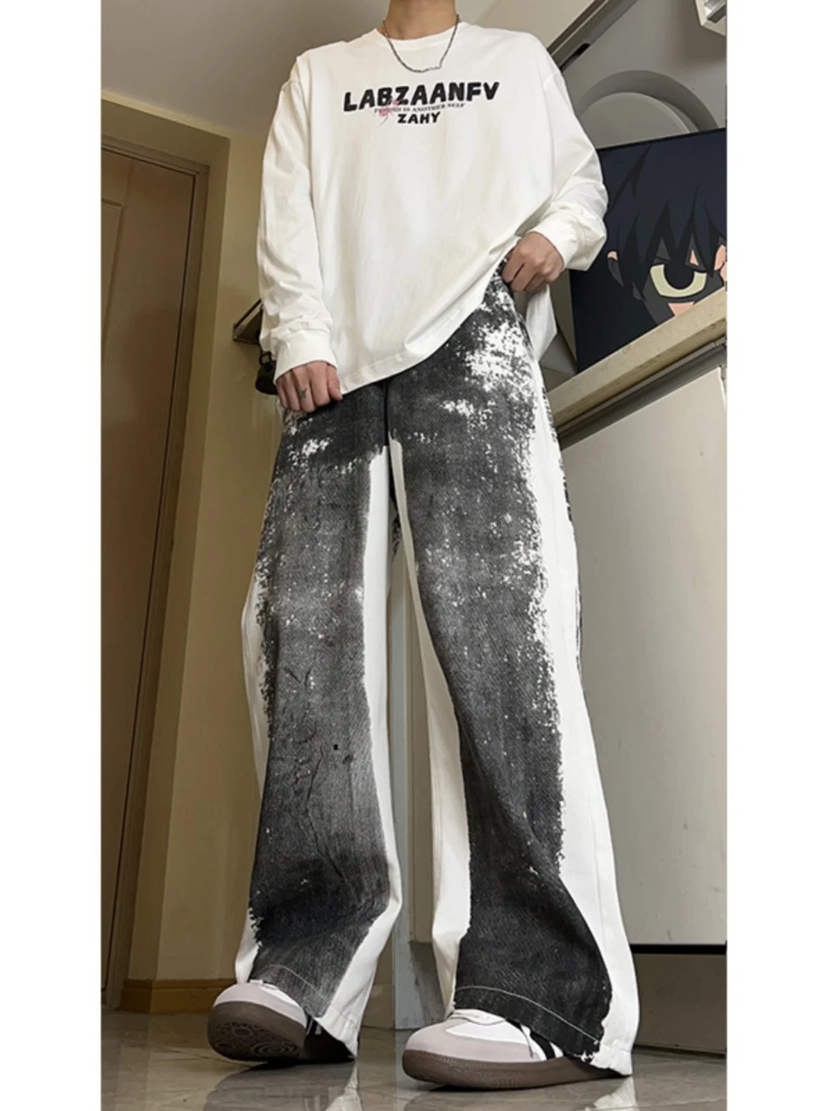 

Trendy Men's Denim Jeans Dye Splatter Wide Leg Straight Cut Autumn Wear Resistant Casual Straight Tube Jeans Youth Faion