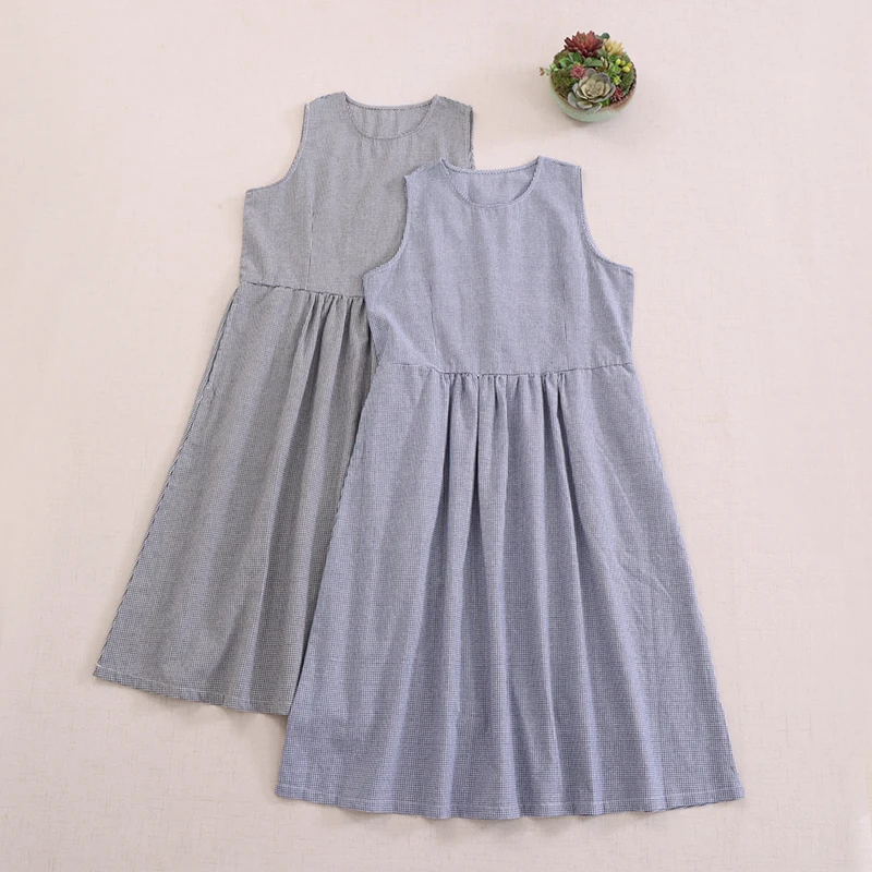 

Summer New Japanese Vintage Mori Girl Plaid Cotton Linen Tank Dress Women O-Neck Sleeveless Casual Loose Midi Dresses